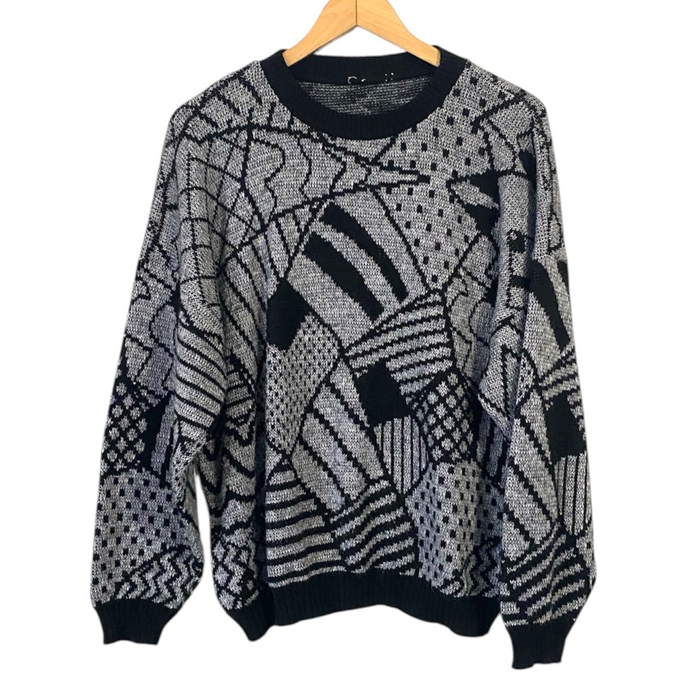Vintage 80s Black White Geometric knit Sweater size XL unisex